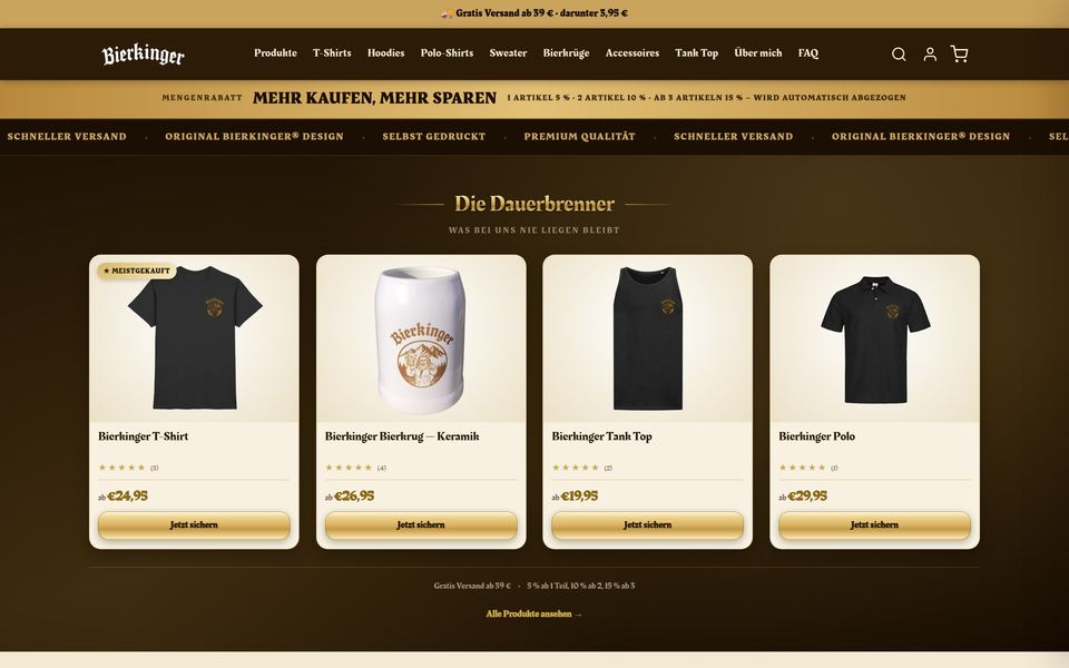 Bierkinger — Merch-Shop, den der Gründer selbst pflegen kann